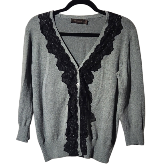 The Limited Grey & Black Lace Trim Button Down Sweater Cardigan Large - Picture 1 of 7